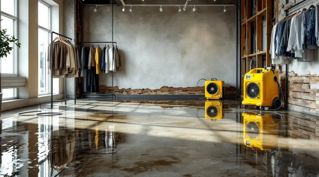 Flooded retail store aisle with water damage restoration technicians assessing the scene
