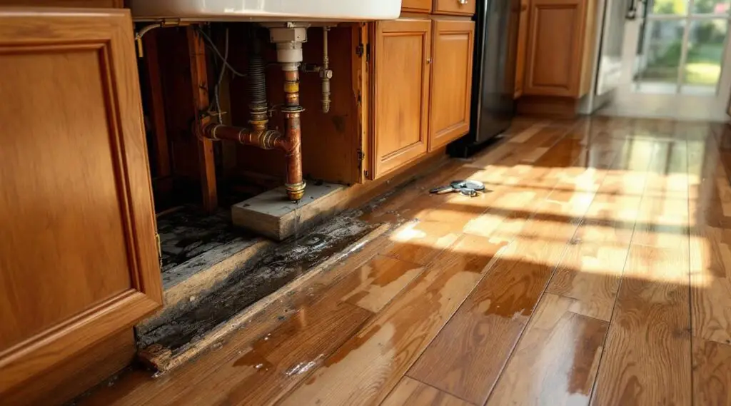 Kitchen floor with standing water from a leak under the sink