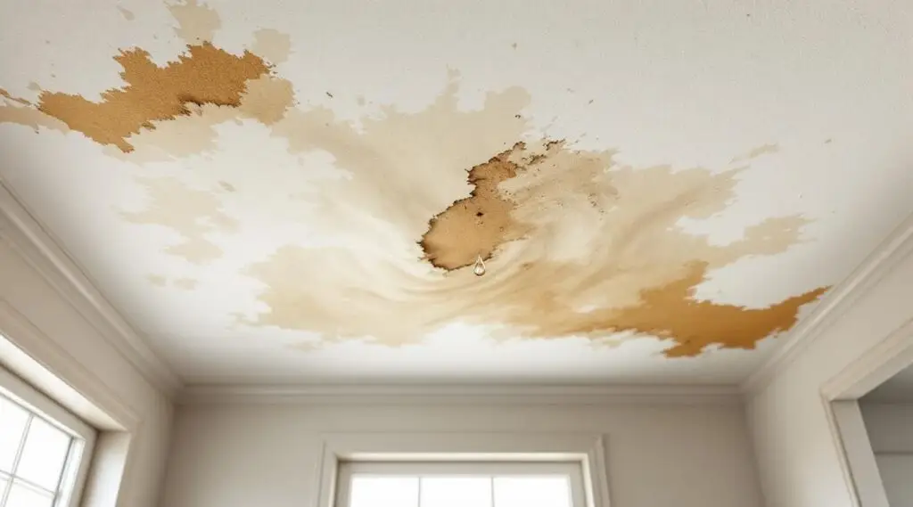 Water-stained ceiling with peeling paint, showing urgent need for repair