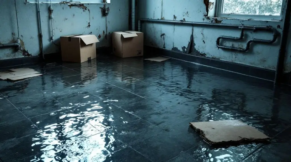 Flooded basement with standing water and a technician assessing the damage