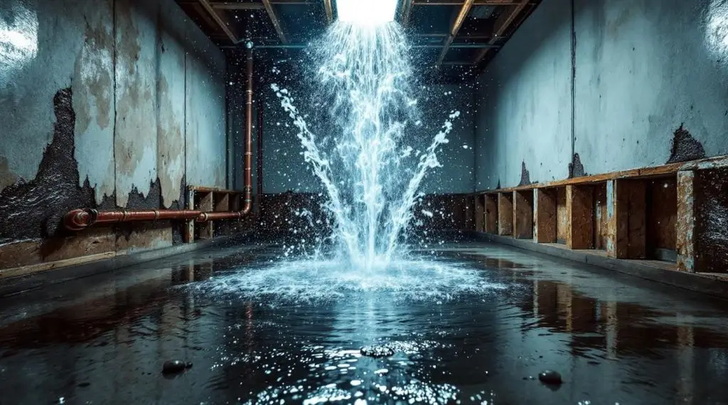 Water gushing from a burst pipe inside a home, causing immediate flooding