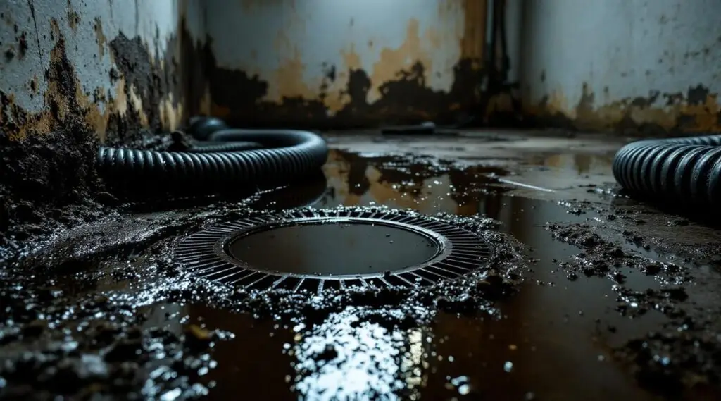 Professional technicians in hazmat suits performing sewage cleanup in a flooded commercial basement