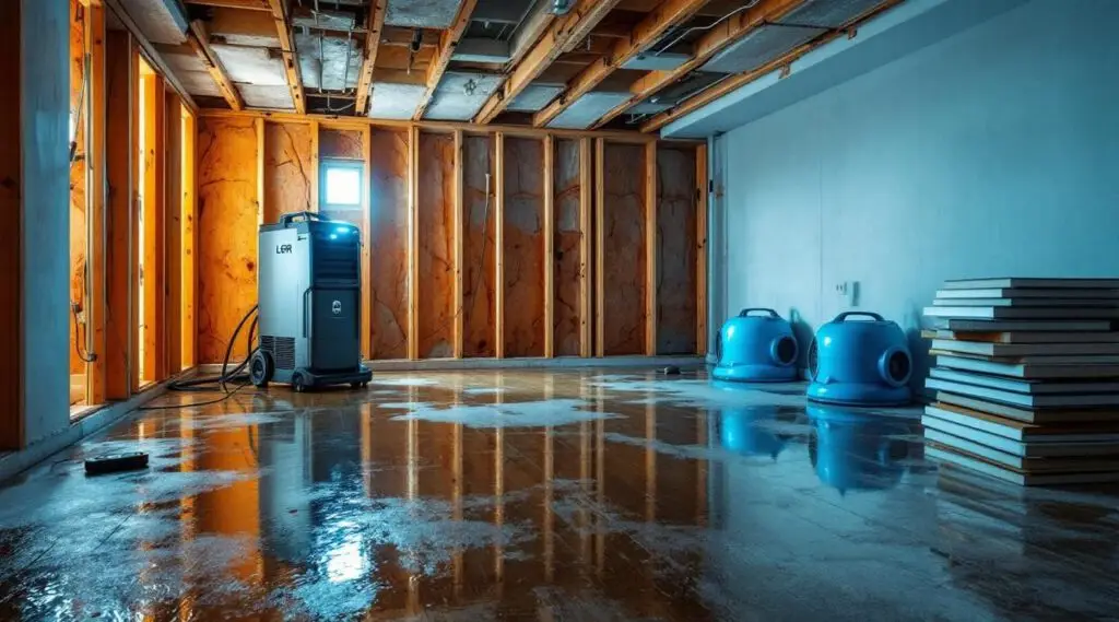 Residential living room with standing water after a flood, showing damaged furniture and flooring