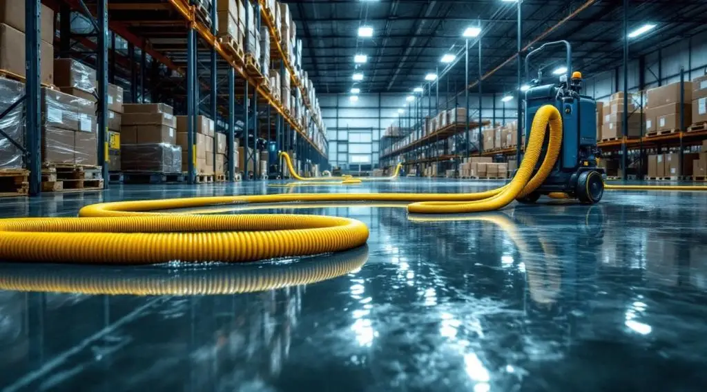Commercial warehouse interior with standing water being extracted by industrial pumps and technicians