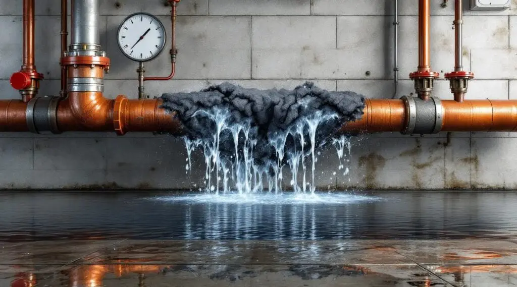 Commercial property interior with water pooling from a burst pipe, emergency restoration in progress
