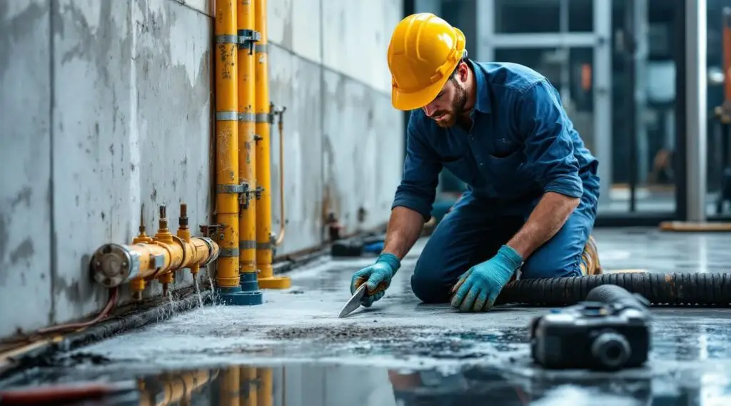 Emergency water damage in a hotel lobby with restoration technicians working to remove water
