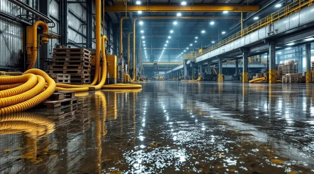 Commercial building interior with standing water being extracted by restoration technicians