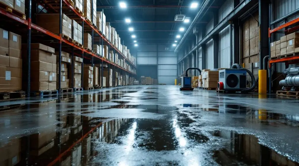 Large warehouse interior with water covering the floor, showing pallets and equipment affected by flooding.