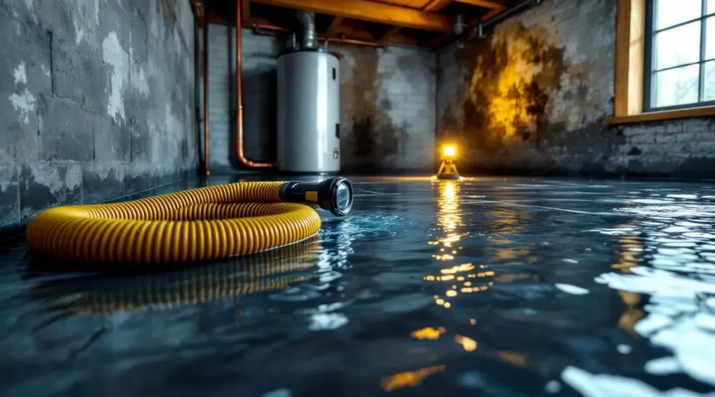 Technician using professional water extraction equipment in a flooded residential basement