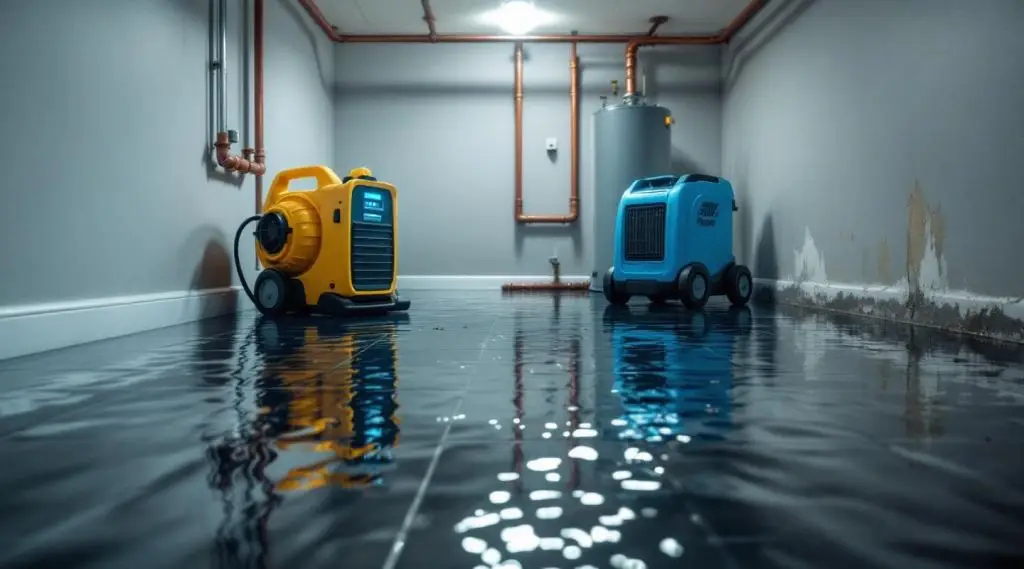 Water damage restoration technician inspecting a flooded living room with specialized equipment