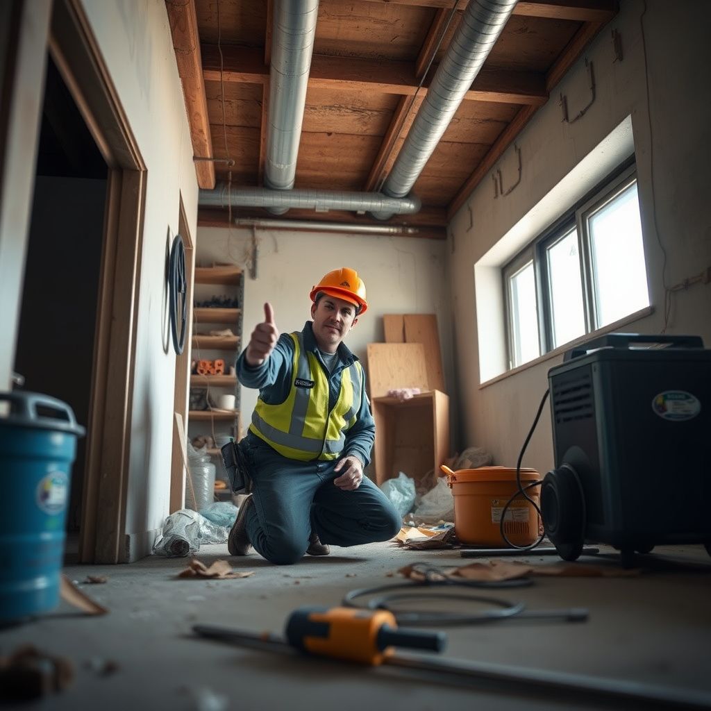 A Blue Peak Restoration technician inspecting a damp wall with a moisture meter in a Sacaton home, demonstrating professional water damage assessment.