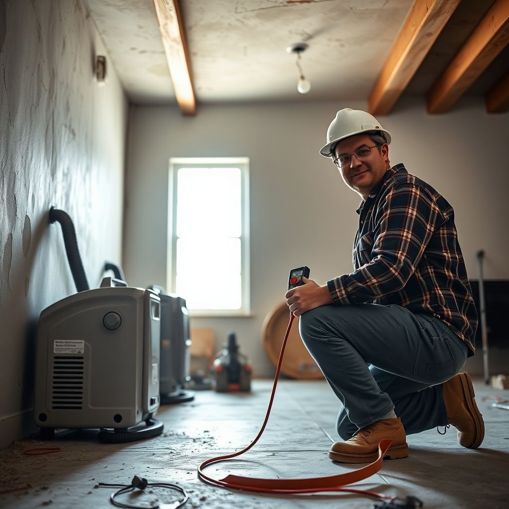 Blue Peak Restoration technician inspecting a water-damaged floor in a Coolidge home with specialized equipment.