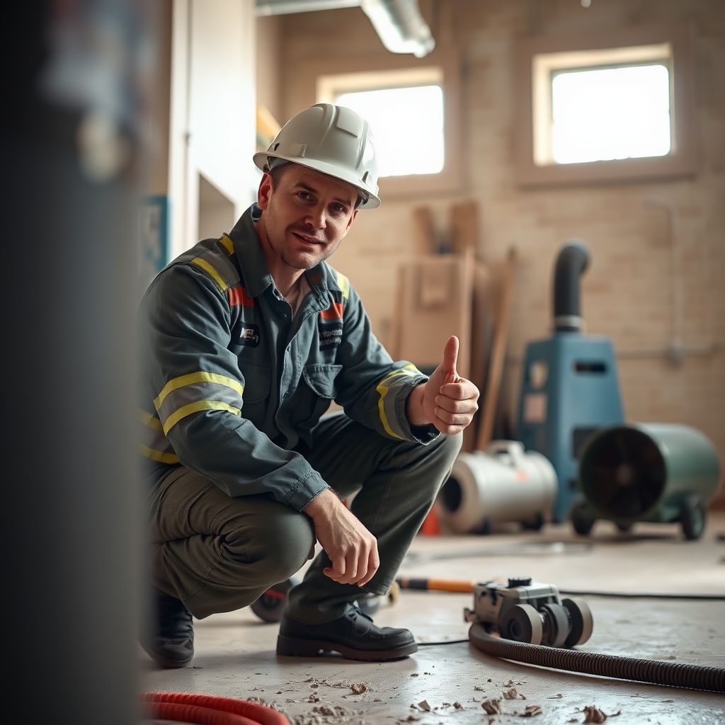A Blue Peak Restoration technician in Gilbert, Arizona, explaining the water damage restoration process to a concerned homeowner in their living room.
