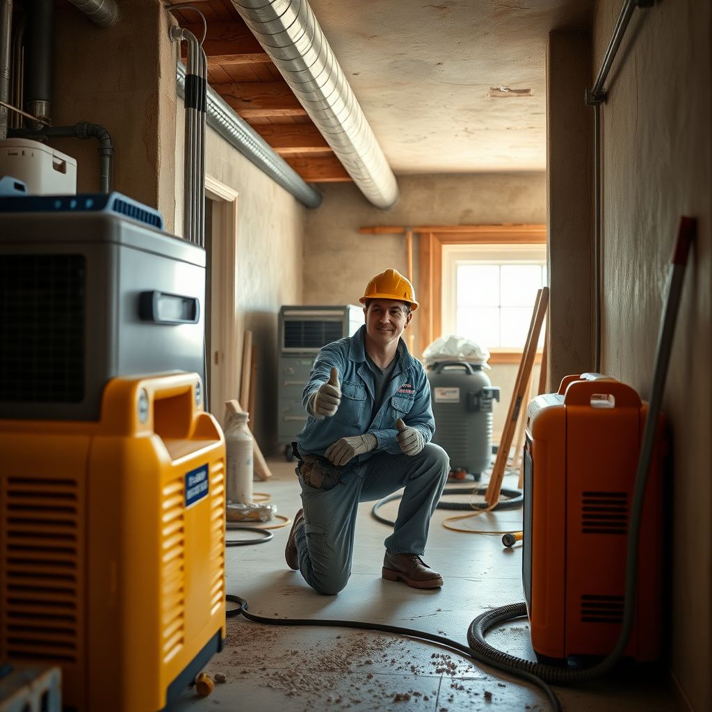 Certified water damage technician inspecting a wall with a moisture meter in a San Tan Valley home, demonstrating thoroughness.