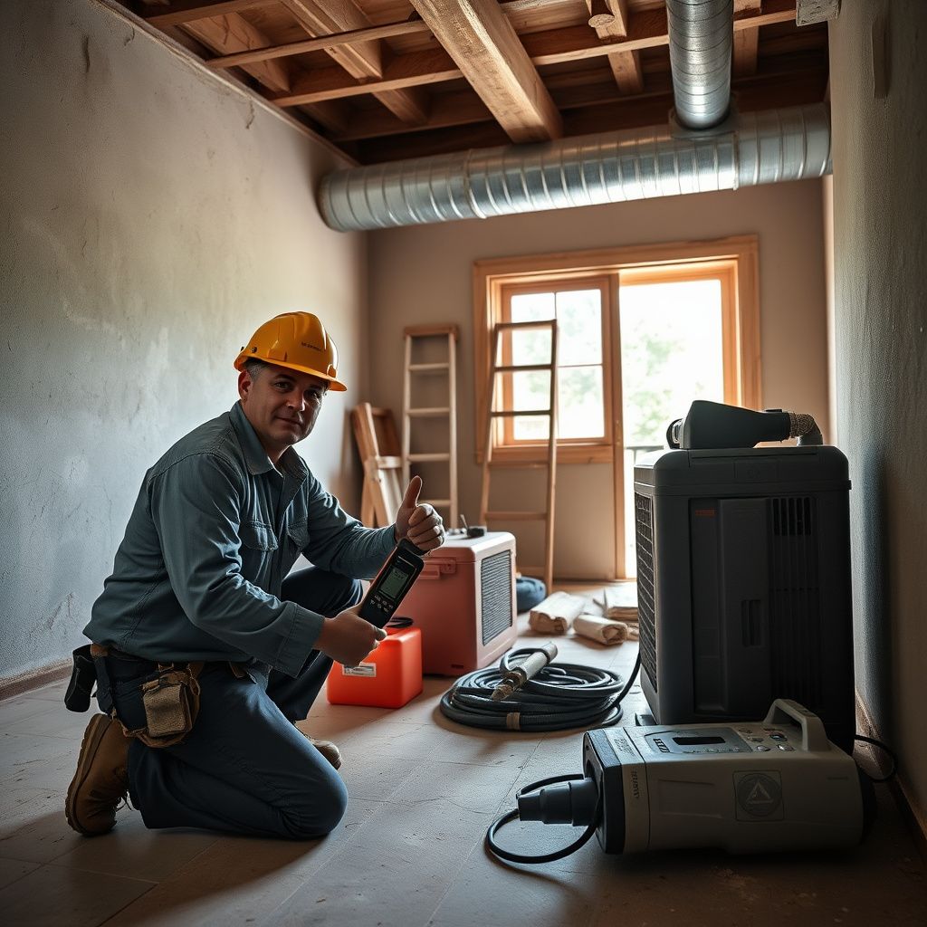 A Blue Peak Restoration technician explaining the drying process to a Gold Canyon homeowner, pointing to a moisture reading on a handheld device.