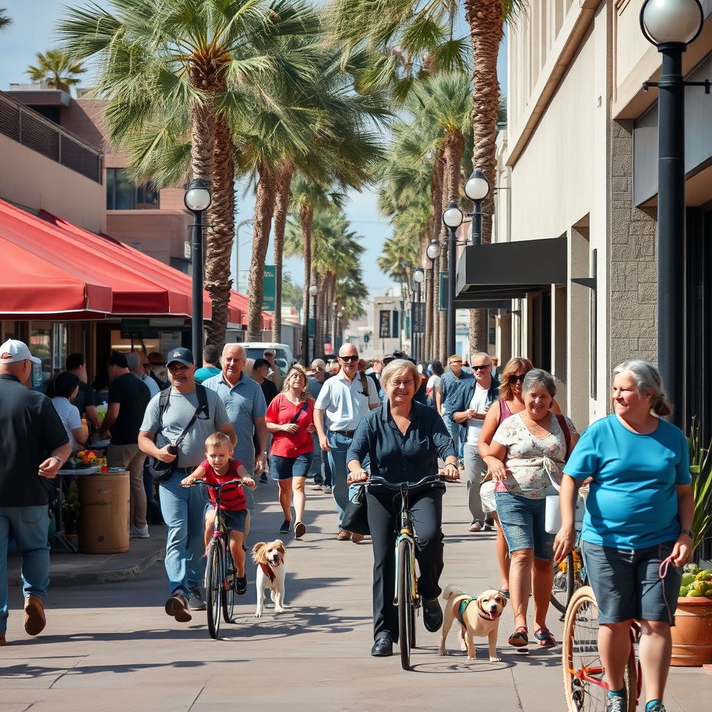 Historic brick buildings and palm trees lining a street in downtown Mesa, Arizona, under a clear blue sky.
